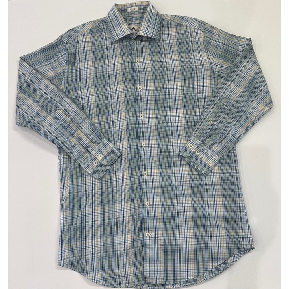 Peter Millar Mens Plaid Button Down Shirt Blue Yellow Green Cotton Size Medium
